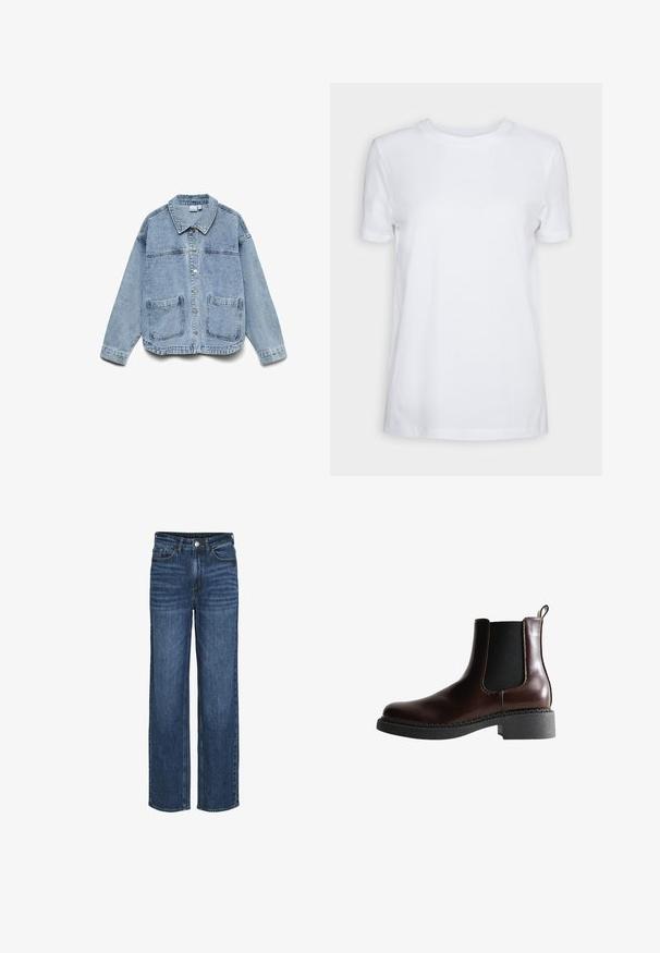 Hellblaue Jeansjacke mit langen Ärmeln, Knopfleiste, Kragen und zwei aufgesetzten Fronttaschen.; Schlichtes weißes T-Shirt mit kurzen Ärmeln und Rundhalsausschnitt, normaler Passform und einem kleinen Innenhalsetikett mit der Aufschrift „SELECTED FEMME.“; VILA JAF HW- NOOS - Jeans Straight Leg - m blue denim; Braune Leder-Boots mit elastischen Seitenteilen, runder Spitze und einer strukturierten schwarzen Gummisohle. Verfügt über kontrastierende Nähte und eine Ziehlasche.