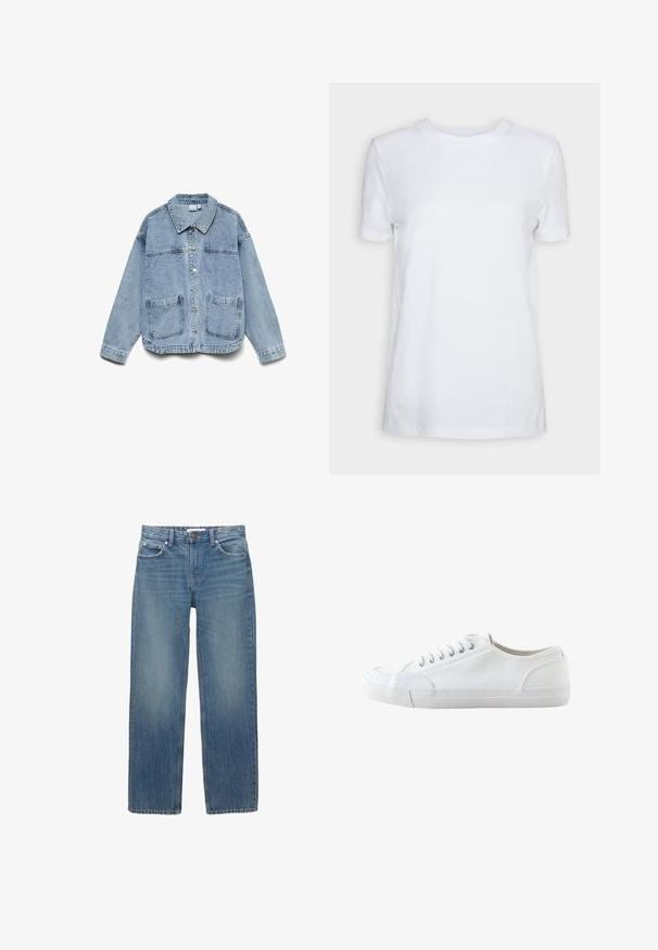 Hellblaue Jeansjacke mit langen Ärmeln, Knopfleiste, Kragen und zwei aufgesetzten Fronttaschen.; Schlichtes weißes T-Shirt mit kurzen Ärmeln und Rundhalsausschnitt, normaler Passform und einem kleinen Innenhalsetikett mit der Aufschrift „SELECTED FEMME.“; Hellblaue Jeans aus Denim mit geradem Schnitt, fünf Taschen und Beschlägen in Kupferfarbe. Der Stoff hat eine leichte Ausbleichung und eine glatte Textur.; Weißer niedriger Canvas-Sneaker mit weißen Schnürsenkeln und Gummisohle, von der Seite auf weißem Hintergrund dargestellt.