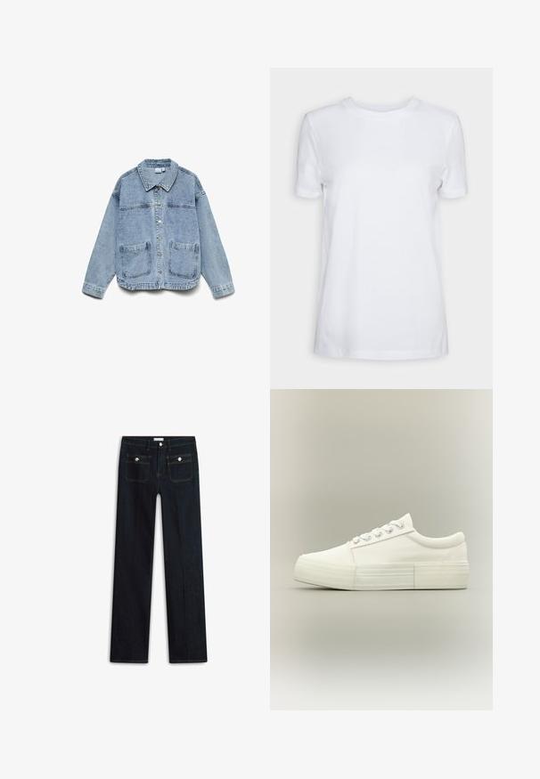 Lyseblå denimjakke med lange ærmer, knaplukning foran, krave og to forlommer.; Simpel hvid T-shirt med korte ærmer og rund hals, normal pasform og et lille indvendigt mærke på nakken med teksten "SELECTED FEMME."; Mørkeblå denimjeans med lige ben, der har to forlommer og synlige syningsdetaljer. Ingen synlige slidmærker.; Hvid lavtopet sneaker med tyk sål, metaløjer og snørebånd, vist fra siden på en ensfarvet lys baggrund.