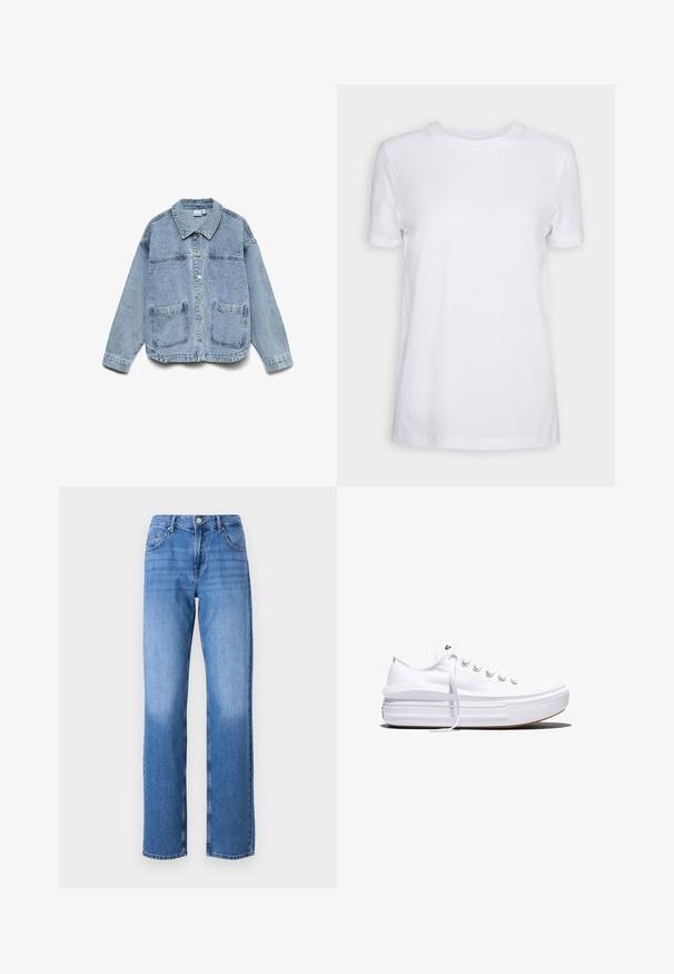 Lyseblå denimjakke med lange ærmer, knaplukning foran, krave og to forlommer.; Simpel hvid T-shirt med korte ærmer og rund hals, normal pasform og et lille indvendigt mærke på nakken med teksten "SELECTED FEMME."; Lyseblå denimjeans med høj talje, lige ben og slidte områder. Har almindelige for- og baglommer samt en knaplukning.; Hvid lavt snørestøvle med tyk plateau-sål, snørelukning foran og gummiforstærket tåkap, set i sideprofil.