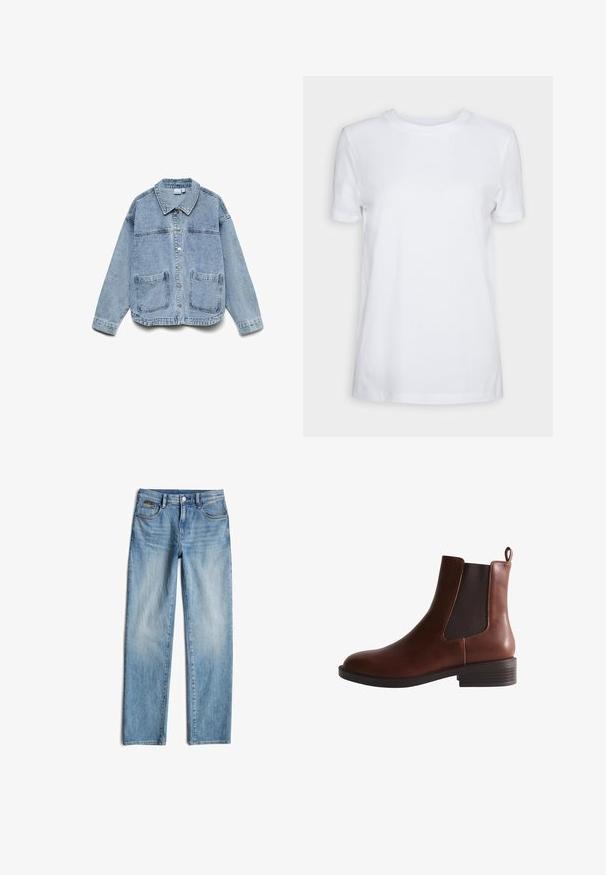Lyseblå denimjakke med lange ærmer, knaplukning foran, krave og to forlommer.; Simpel hvid T-shirt med korte ærmer og rund hals, normal pasform og et lille indvendigt mærke på nakken med teksten "SELECTED FEMME."; Lyseblå denim jeans med lige ben-design. Funktioner inkluderer en knaplukning, fem lommer og subtil fading på stoffet.; Brun læder Chelsea ankelstøvle med elastisk sidepanel, træksløjfe bagpå og lavt stablet hæl.