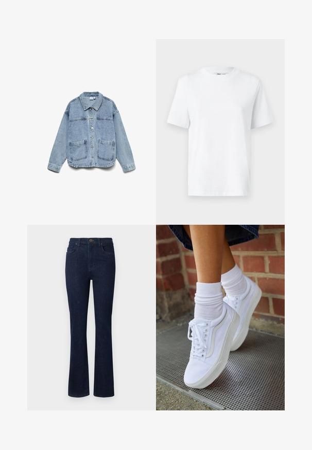 Lyseblå denimjakke med lange ærmer, knaplukning foran, krave og to forlommer.; Hvid bomulds T-shirt med rund hals, kortærmet og en glat tekstur. Designet med en afslappet pasform for komfort og alsidighed.; Mørkeblå denim jeans med design i flared ben, fem lommer og knaplukning i taljen. Glat tekstur med minimal syning.; Hvide lærreds sneakers med gummisåler, der har seks snørehuller, rund tå og let sømdetaljer, krydret med hvide ankelstrømper.