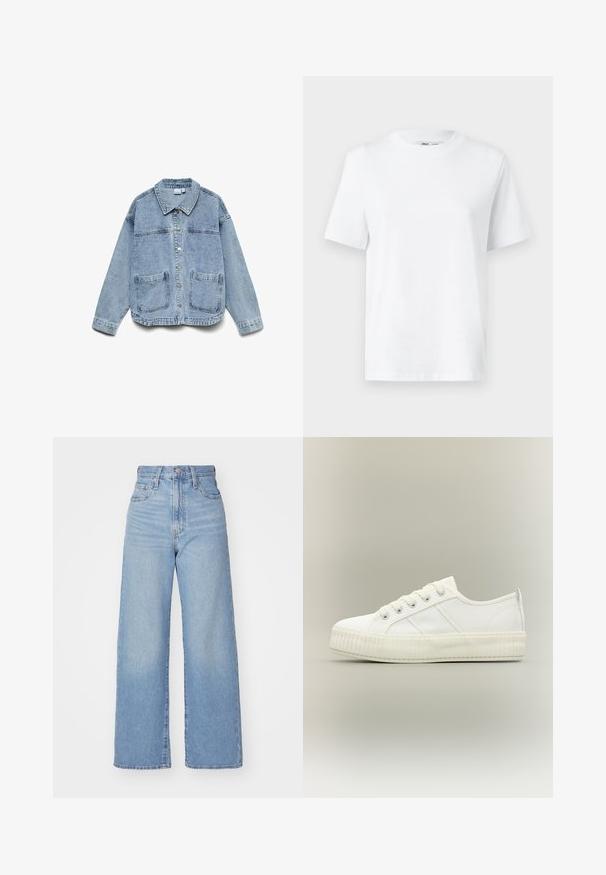 Lyseblå denimjakke med lange ærmer, knaplukning foran, krave og to forlommer.; Hvid bomulds T-shirt med rund hals, kortærmet og en glat tekstur. Designet med en afslappet pasform for komfort og alsidighed.; Lyseblå højtaljede bukser med bred benåbning, med frontknap og lynlås, samt for- og baglommer, på en hvid baggrund.; Hvid lavtop sneaker med tyk ribbet sål, snørelukning foran og trækflap på hælen mod en neutral baggrund.