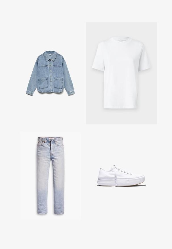 Lyseblå denimjakke med lange ærmer, knaplukning foran, krave og to forlommer.; Hvid bomulds T-shirt med rund hals, kortærmet og en glat tekstur. Designet med en afslappet pasform for komfort og alsidighed.; Lyseblå denimjeans med lige ben, der har en knaplukning, fem lommer og en diskret falmning langs benene.; Hvid lavt snørestøvle med tyk plateau-sål, snørelukning foran og gummiforstærket tåkap, set i sideprofil.