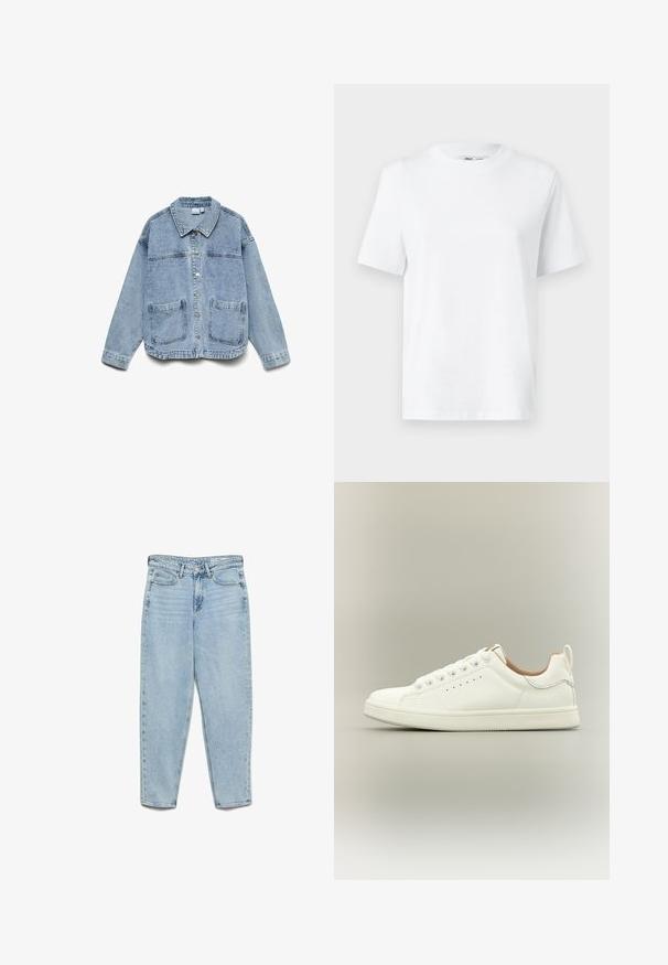 Hellblaue Jeansjacke mit langen Ärmeln, Knopfleiste, Kragen und zwei aufgesetzten Fronttaschen.; Weißes Baumwoll-T-Shirt mit Rundhalsausschnitt, kurzärmlig und mit glatter Textur. Entworfen mit einer lockeren Passform für Komfort und Vielseitigkeit.; Hellblaue High-Waist-Jeans aus Denim mit Vordertaschen, Gürtelschlaufen, Knopfleiste und verjüngten Beinen auf weißem Hintergrund.; Weißer Sneaker mit niedrigem Schaft, Schnürsenkeln, perforierten Seitendetails und einem Zuglasche an der Ferse, vor neutralem Hintergrund.