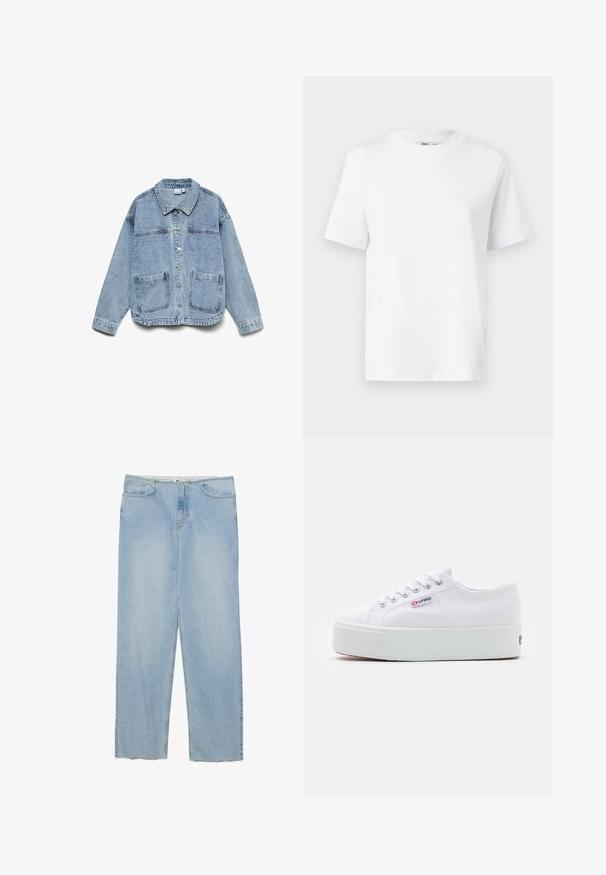 Lyseblå denimjakke med lange ærmer, knaplukning foran, krave og to forlommer.; Hvid bomulds T-shirt med rund hals, kortærmet og en glat tekstur. Designet med en afslappet pasform for komfort og alsidighed.; Lyseblå denimjeans med lige ben, featuring høj talje, fem lommer og slidte detaljer i kanten.; Hvide canvas sneakers med en tyk hvid platformssål, rund tå og metaløjelets til snørebånd. Mærkets logo præsenteret på siden.