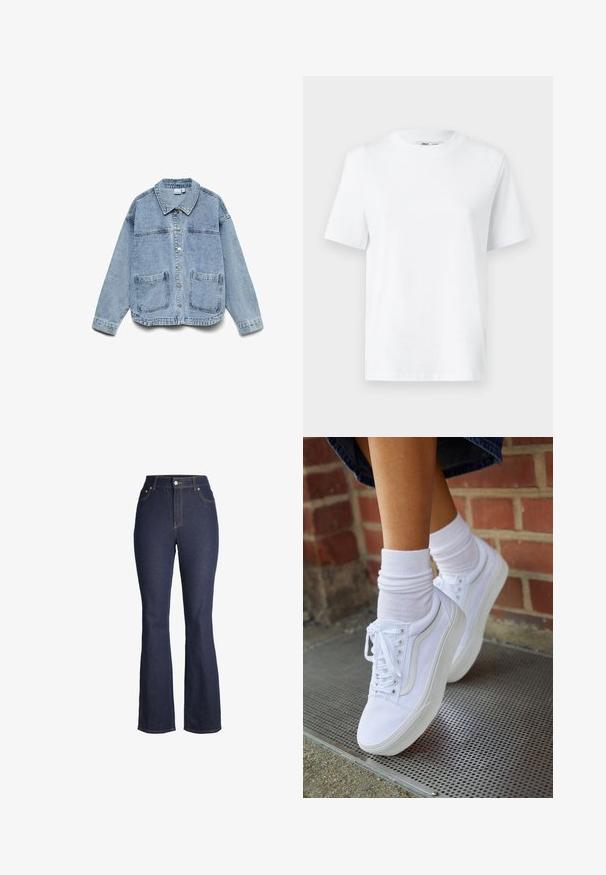 Lyseblå denimjakke med lange ærmer, knaplukning foran, krave og to forlommer.; Hvid bomulds T-shirt med rund hals, kortærmet og en glat tekstur. Designet med en afslappet pasform for komfort og alsidighed.; Mørkeblå højhellige denim jeans med knap og lynlås foran, forlommer og let udvidede ben.; Hvide lærreds sneakers med gummisåler, der har seks snørehuller, rund tå og let sømdetaljer, krydret med hvide ankelstrømper.