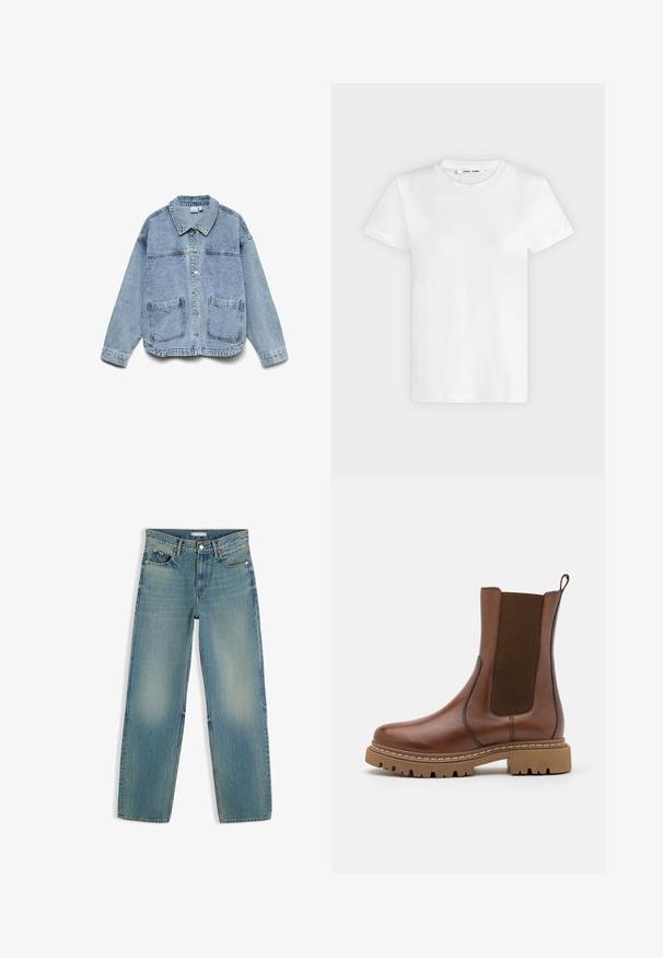 Lyseblå denimjakke med lange ærmer, knaplukning foran, krave og to forlommer.; En simpel hvid T-shirt med korte ærmer og rund hals lagt fladt på en lys grå baggrund, hvor forsiden med label inde i halsen vises.; Blå falmede straight-leg jeans med fem lommer, bæltestropper og knaplukning i taljen.; Brune læder ankelstøvle med elastiske paneler og en trækflap. Har en kraftig gummisål og synlige stikninger langs kanterne.