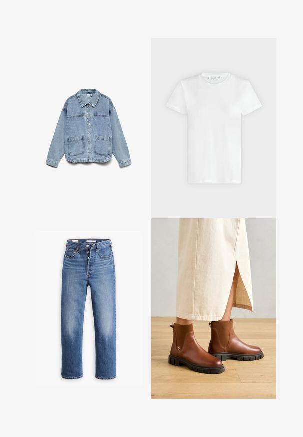 Lyseblå denimjakke med lange ærmer, knaplukning foran, krave og to forlommer.; En simpel hvid T-shirt med korte ærmer og rund hals lagt fladt på en lys grå baggrund, hvor forsiden med label inde i halsen vises.; Blå denim jeans med høj talje, lige ben og udtværede områder. Har forlommer og metalbeslag.; Brune læder ankelstøvler med en kraftig sort gummi sål, der har elastiske sidepaneler og en pull-tab bagpå for nem påtagning.