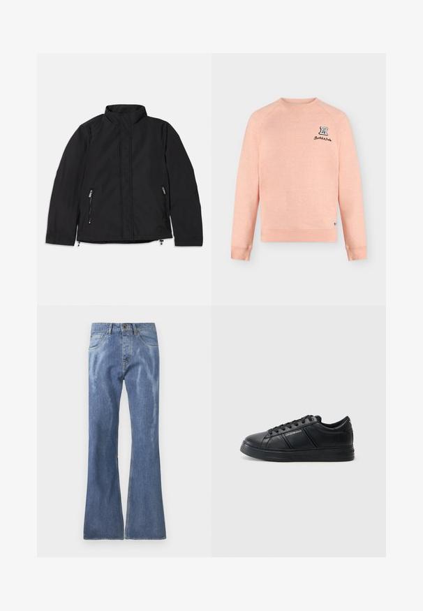 Chaqueta negra con cuello alto, que presenta dos bolsillos laterales con cremallera y un corte recto. Tejido suave con un acabado mate.; Sudadera de manga larga de color rosa claro con puños acanalados, cuello redondo y pequeña etiqueta con logo en blanco y negro con texto en la parte superior izquierda del pecho.; Jeans acampanados de denim azul claro con cintura de altura media, diseño de cinco bolsillos y detalles de costura visibles. Textura suave con ligero desgaste.; Zapatilla negra de cuero con un acabado suave, puntera redondeada, cierre de cordones en la parte frontal, cuello acolchado y acentos laterales texturizados. Detalle sutil del logo visible.