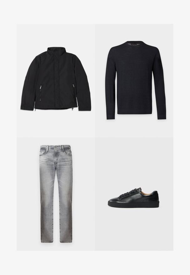 Chaqueta negra con cuello alto, que presenta dos bolsillos laterales con cremallera y un corte recto. Tejido suave con un acabado mate.; Jersey negro de manga larga con cuello redondo, patrón texturizado sutil, puños y bajo acanalados, exhibido sobre un fondo liso de color gris claro.; Jeans de mezclilla gris con un diseño desgastado, corte recto, cinco bolsillos y cierre de botón metálico en la cintura. Textura suave, sin patrones distintivos.; Zapatilla negra de cuero con una textura suave, puntera redonda y cierre de cordones. Presenta una suela de goma gruesa y un detalle de marca mínimo.