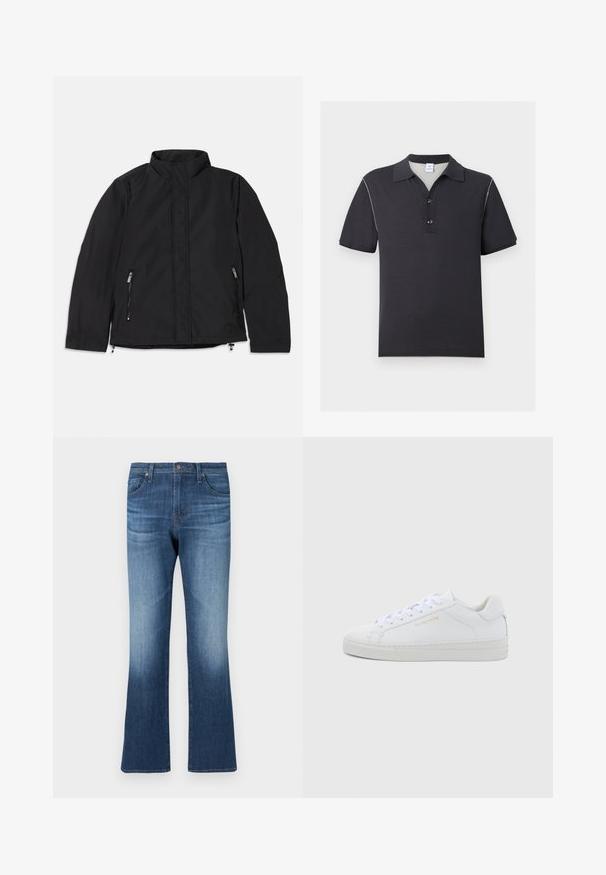 Chaqueta negra con cuello alto, que presenta dos bolsillos laterales con cremallera y un corte recto. Tejido suave con un acabado mate.; Polo negro de manga corta con dos botones delanteros, cuello clásico y costuras blancas sutiles a lo largo de las costuras de los hombros.; Vaqueros acampanados en denim azul oscuro con un acabado desgastado. Cuentan con cinco bolsillos, trabillas para cinturón y una bragueta con cremallera y cierre de botón.; Zapatillas bajas de cuero blanco con puntera redonda, cordones planos, suela texturizada y sutil marca dorada en el lateral. Superficie lisa y diseño minimalista.