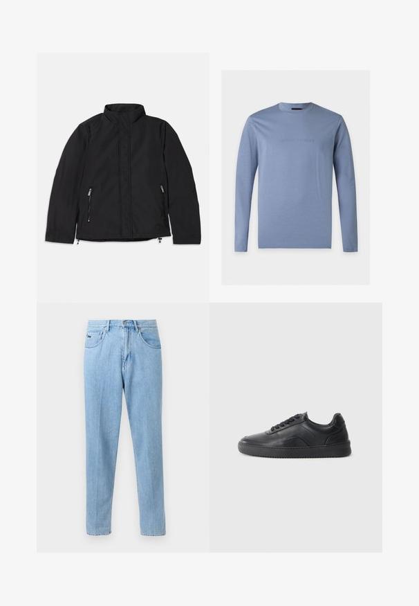 Chaqueta negra con cuello alto, que presenta dos bolsillos laterales con cremallera y un corte recto. Tejido suave con un acabado mate.; Camiseta de manga larga azul claro con cuello redondo y logo Emporio Armani en relieve centrado en el pecho sobre fondo blanco.; Vaqueros de mezclilla azul claro de pierna recta con bolsillos delanteros, trabillas para cinturón y cierre de botón sobre un fondo neutro.; Zapatilla negra de cuero con un acabado suave, punta redondeada, panel lateral texturizado y cordones negros. Presenta una suela de goma plana y un diseño minimalista.