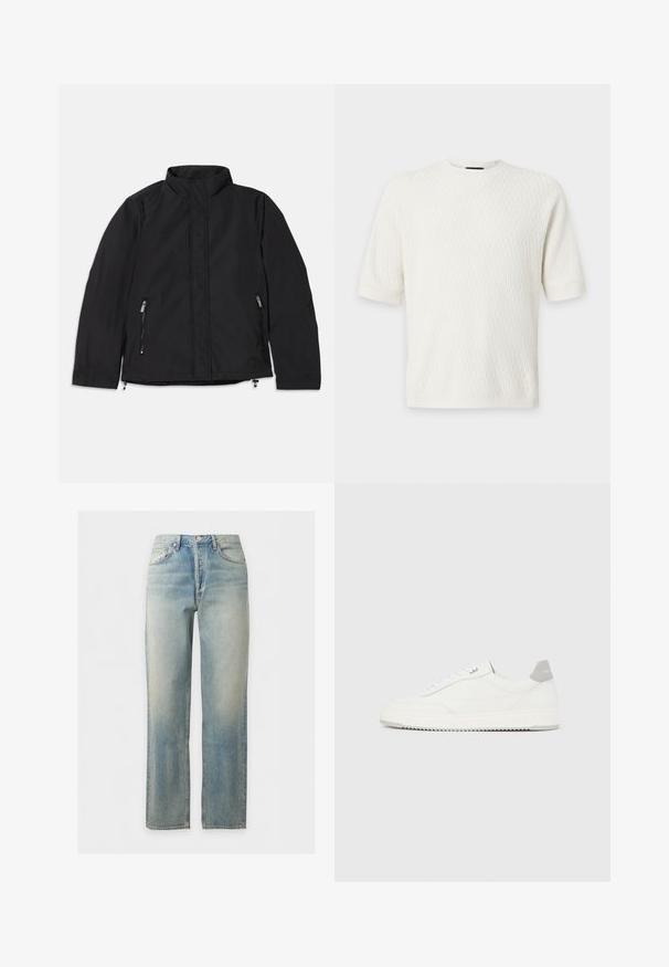 Veste noire à col montant, dotée de deux poches latérales zippées et d'une coupe droite. Tissu lisse avec une finition mate.; Pull en maille blanc à manches courtes avec une texture chevron subtile et un col rond sur un fond uni.; Jean en denim délavé bleu clair avec coupe droite, fermeture à boutons et zip sur le devant, et design cinq poches.; Baskets basses blanches avec un onglet de talon gris, des lacets blancs et une semelle texturée, présentées sur un fond uni clair.