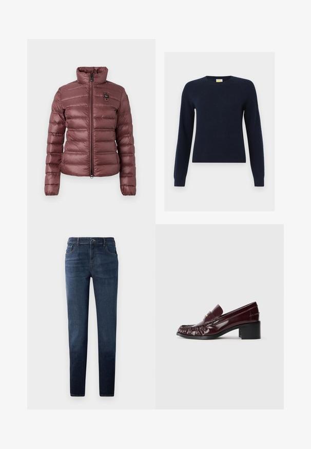 Dikke, mauve jas met een hoge kraag, ritssluiting en horizontale gestikte secties. Bevat een klein logo-opdruk op de linkerkant van de borst.; Marineblauwe trui met ronde hals en lange mouwen, met geribbelde boorden en zoom, plat neergelegd op een witte achtergrond.; Donkerblauwe denim jeans met een rechte pasvorm. Kenmerkt zich door een knoop- en ritsluiting, vijf zakken en contrasterende stiksels. Glad textuur.; Bordeaux leren instapper met een ronde neus, geplooide textuur aan de voorkant en een korte zwarte blokhak. Gouden accent op de wreef.