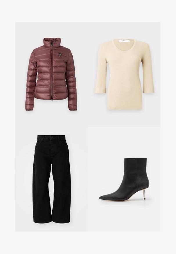 Pehmeä, mauve-väri takki, jossa on korkea kaulus, vetoketjusuljenta ja vaakasuorat tikkausosat. Vasemmassa rinnassa on pieni logo-patch.; Beige ribbattu pitkähihaine toppi, jossa on kaarrokesuu. Tekstuuri on sileä ja istuva. Laskoshihansuut tuovat hienovaraisen muotoiluelementin.; Mustat leveälahkeiset farkut, joissa on korkea vyötärö. Varustettu viidellä taskulla ja etupainikkeella. Suora pinta ja siistit linjat.; Musta nahkasaapas nilkkapituisella, teräväpäisellä kärjellä ja ohuella metallipolkimella. Suuri pinta on sileä, jossa on puhtaat linjat ja minimalistisista muotoiluelementeistä.