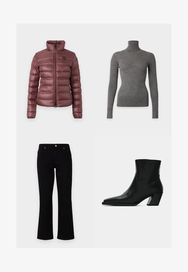 Puffige, mauvefarbene Jacke mit hohem Kragen, Reißverschluss und horizontalen Steppabschnitten. Mit einem kleinen Logopatch auf der linken Brust.; Eng anliegender grauer, gerippter Strickrollkragenpullover mit hohem Kragen und schlanker Silhouette vor schlichtem Hintergrund.; Schwarze, ausgestellte Jeans aus Denim mit mittelhoher Taille, zwei vorderen Taschen und einer einzelnen hinteren Tasche. Mit goldfarbener Knopf- und Reißverschluss.; Schwarze Leder-Stiefelette mit spitzem Zeh, schlanker Silhouette und klobigem quadratischem Absatz. Glatte Textur mit minimalen Nähdetails.