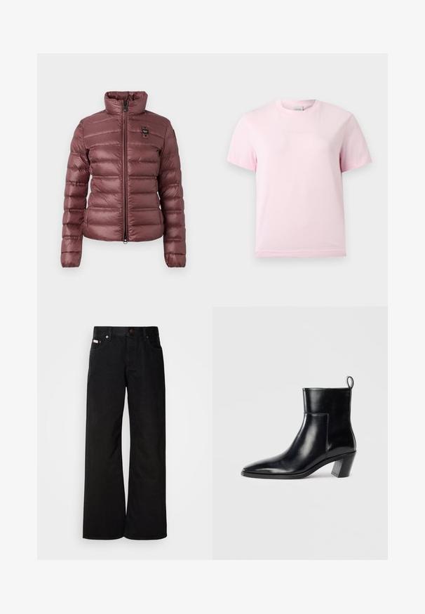 Puffet, mauve farvet jakke med høj krave, lynlås lukning og vandrette quiltesektioner. Har et lille logo på venstre bryst.; Lyserød T-shirt med korte ærmer og rund hals med et diskret præget "Calvin Klein"-logo i midten af brystet.; Sorte breddebenede jeans lavet af bomuld. Har forlommer, en knaplukning og en klassisk denimtekstur. Minimalistisk design uden mønstre.; Sort læder ankelstøvle med spids tå, geometrisk stablet hæl og en løftestrop bagpå. Glat tekstur og slankt design.