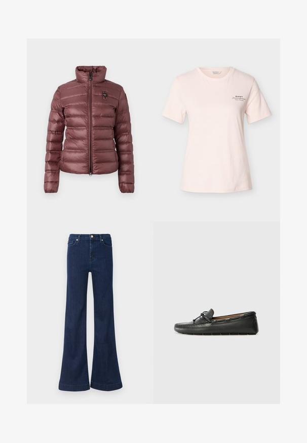 Veste mauve gonflée avec un col haut, fermeture éclair et sections matelassées horizontales. Présente un petit logo sur la poitrine gauche.; T-shirt à manches courtes rose clair avec col rond, avec un petit texte noir "GANT American Sportswear New Haven" sur le côté gauche de la poitrine.; Jean flare bleu foncé en denim, doté d'une taille haute, d'un léger délavage et de finitions en doré sur les poches avant et le système de fermeture.; Bateau en cuir noir avec un bout arrondi, des détails de couture, un petit accent en nœud et une semelle en caoutchouc. Texture lisse et design épuré.