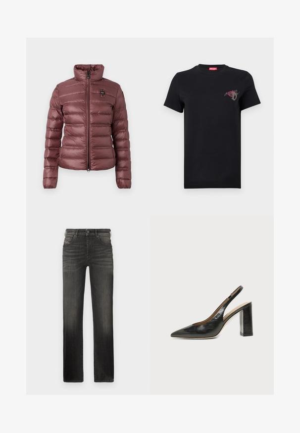 Veste mauve gonflée avec un col haut, fermeture éclair et sections matelassées horizontales. Présente un petit logo sur la poitrine gauche.; T-shirt noir à manches courtes avec un petit motif de rose rouge et la lettre "D" grise sur le côté gauche de la poitrine, étiquette de marque Diesel rouge à l'intérieur du col.; Jean en denim noir à jambes droites, avec un effet délavé, cinq poches et une fermeture à bouton métallique à la taille.; Chaussure slingback en cuir noir à bout pointu avec un talon bloc haut et une doublure intérieure beige sur un fond clair uni.
