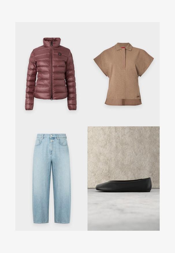 Pehmeä, mauve-väri takki, jossa on korkea kaulus, vetoketjusuljenta ja vaakasuorat tikkausosat. Vasemmassa rinnassa on pieni logo-patch.; Lyhythihainen ruskea poolopaita, jossa kaulus, etupuolen nappilista ja hieman pidempi takasauma.; Vaaleansiniset farkut suorilla lahkeilla, joissa pystysuorat raidat, edessä nappi- ja vetoketjusuljenta sekä viiden taskun malli.; Mustat nahka-ballet-tossut, joissa on pyöreä varvas, sileä pinta ja kultainen logo korostus sivussa. Sijoitettu heijastavan pinnan ylle.