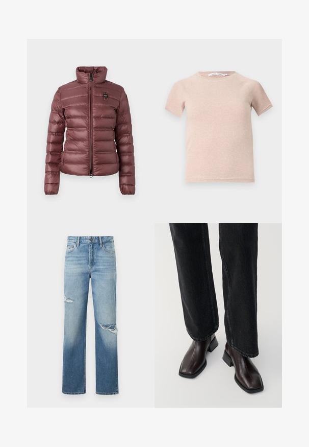 Dikke, mauve jas met een hoge kraag, ritssluiting en horizontale gestikte secties. Bevat een klein logo-opdruk op de linkerkant van de borst.; Lichtroze t-shirt met korte mouwen van ribstof, met een ronde halslijn en een comfortabele pasvorm. Eenvoudig en naadloos ontwerp.; Lichtblauwe denim rechtlopende jeans met verlichte scheuren, vijf-pocketontwerp en een knoopsluiting. Klassieke snit met een vervaagde afwerking.; Bruine leren enkellaarsjes met een vierkante neus en blokhak, gecombineerd met zwarte wijde jeans. Glad textuur en minimalistisch ontwerp.