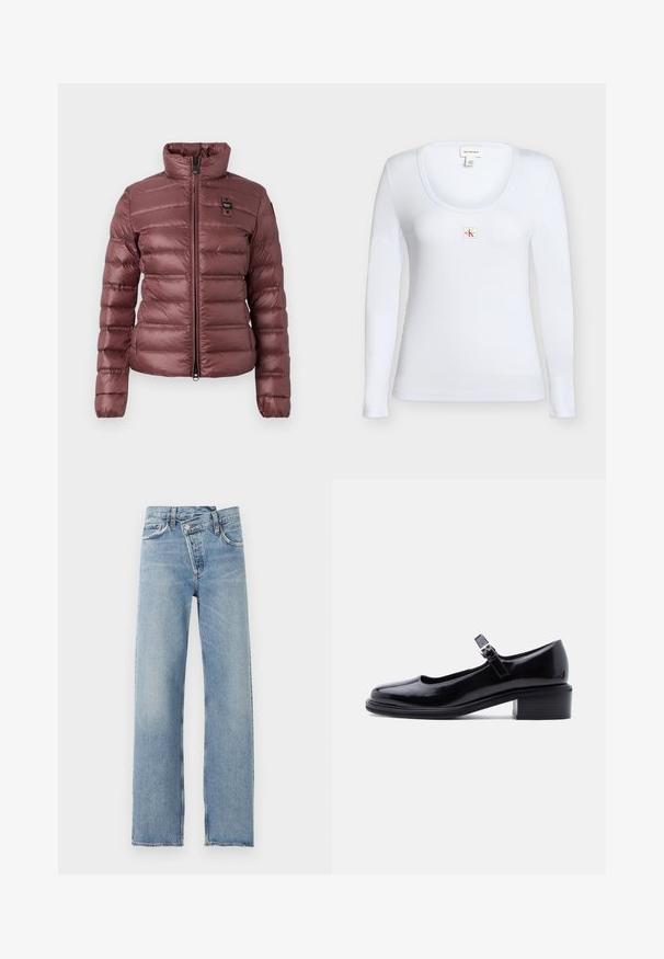 Veste mauve gonflée avec un col haut, fermeture éclair et sections matelassées horizontales. Présente un petit logo sur la poitrine gauche.; T-shirt blanc côtelé à manches longues avec un col rond et un petit patch logo Calvin Klein Jeans au centre de la poitrine.; Jean en denim bleu clair, coupe droite, taille haute, avec cinq poches, braguette à boutons et détail asymétrique sur la ceinture.; Chaussure Mary Jane en cuir verni noir avec petit talon carré et bride réglable à boucle, sur fond clair uni.