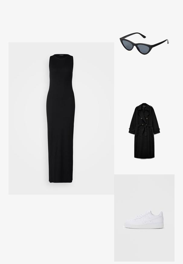Trench-coat long noir avec boutons croisés, larges revers, taille ceinturée, épaulettes boutonnées et poignets de manches boutonnés.; Robe maxi sans manches noire en tissu lisse et extensible. Présente un col rond et une silhouette cintrée qui tombe jusqu'aux chevilles.; Baskets blanches Nike Air Force 1 avec tige en cuir, bout rond, fermeture à lacets, col rembourré et semelle en caoutchouc texturé.; Lunettes de soleil noires en forme d'œil de chat avec des verres gris foncé, monture en plastique élégante, coins pointus et branches droites. Pas de métal visible ni d'accents.