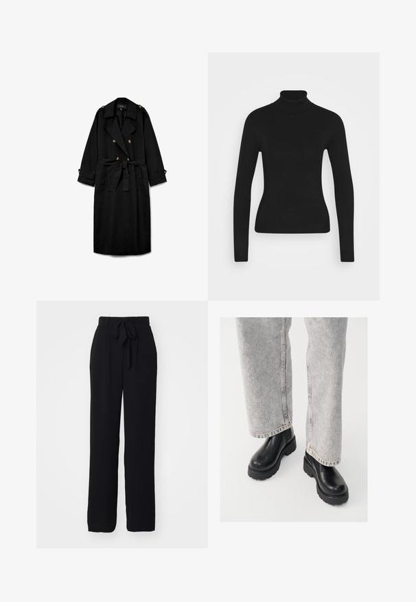 Abrigo largo negro tipo gabardina con botones de doble fila, solapas anchas, cintura ceñida con cinturón, charreteras con botones en los hombros y puños abotonados.; Suéter negro de cuello alto con mangas largas, hecho de una tela de punto suave. Presenta un diseño ajustado y un cuello acanalado.; Pantalones anchos y negros hechos de una tela suave. Cuentan con una cinturilla atada y un corte relajado, sin patrones ni acentos visibles.; Vagabond COSMO - Botines con plataforma - black