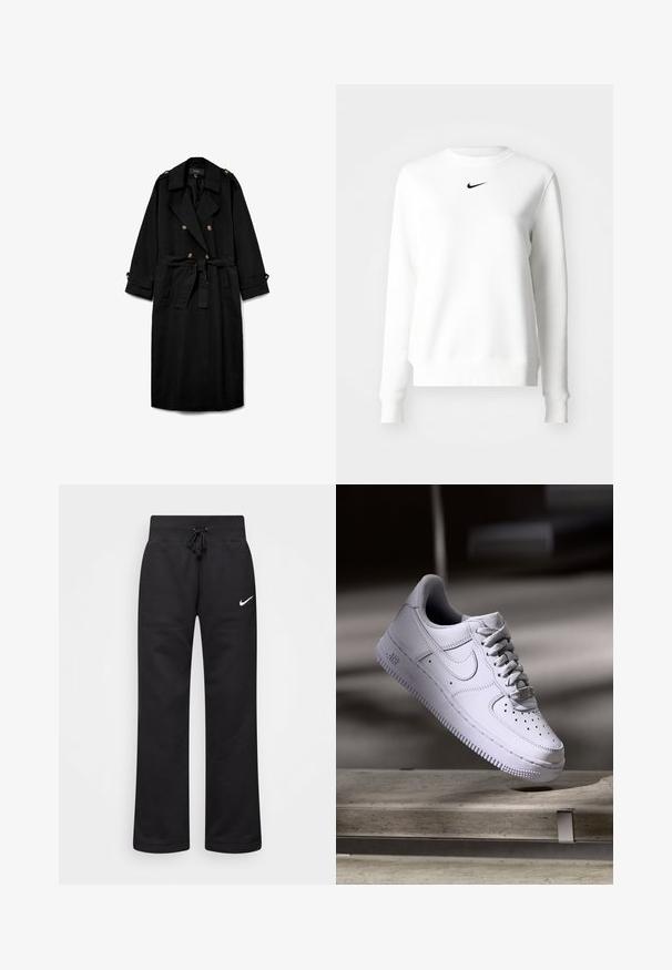 Abrigo largo negro tipo gabardina con botones de doble fila, solapas anchas, cintura ceñida con cinturón, charreteras con botones en los hombros y puños abotonados.; Sudadera blanca de tejido suave con cuello y puños acanalados. Presenta un pequeño logo negro de Nike centrado en el pecho.; Pantalones de chándal negros hechos de una mezcla de algodón, con una cintura elástica ajustable, piernas rectas y un logo blanco de Nike en el lado izquierdo.; Zapatilla Nike Air Force 1 blanca levitando sobre una superficie de hormigón con sombras en un entorno minimalista.