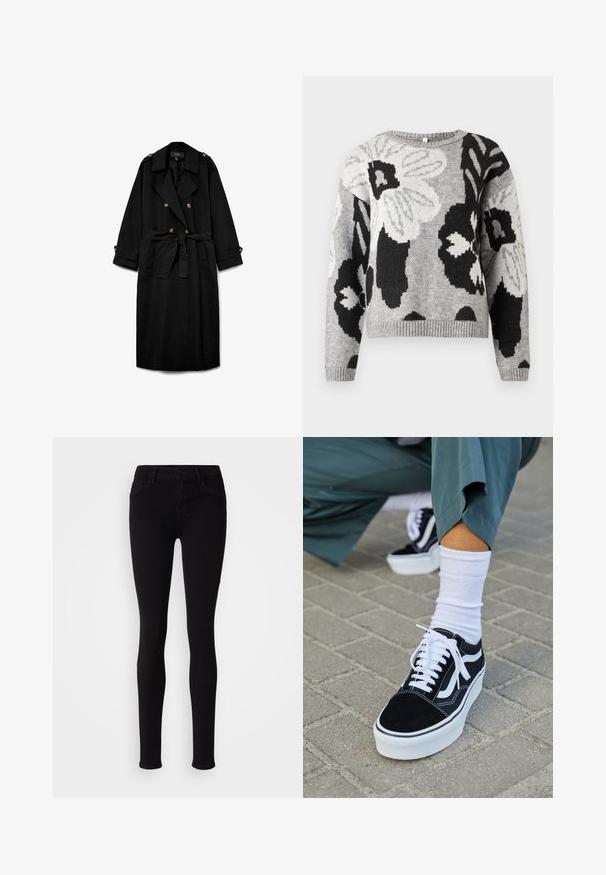 Zwarte lange trenchcoat met dubbele rij knopen, brede revers, taille met ceintuur, geknoopte schouderepauletten en geknoopte mouwboorden.; Gebreide trui in grijs met een bloemenpatroon en zwarte en witte accenten. Ronde hals, geribde zoom en mouwen, ontspannen pasvorm.; Zwarte slim-fit broek met knoopsluiting, riemlussen en zijzakken, weergegeven tegen een effen lichte achtergrond.; Zwarte suède sneaker met witte accenten en veters, uitgerust met een dikke witte zool en contrasterende stiksels, gecombineerd met een witte sok.
