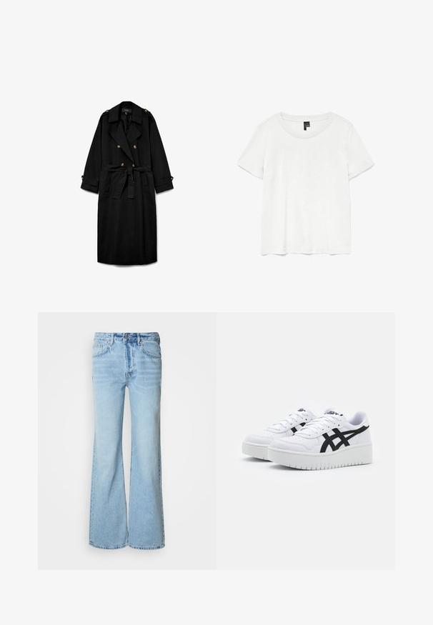 Abrigo largo negro tipo gabardina con botones de doble fila, solapas anchas, cintura ceñida con cinturón, charreteras con botones en los hombros y puños abotonados.; Camiseta blanca de manga corta con un cuello redondo, hecha de tejido ligero. Diseño simple, textura suave y dobladillo recto.; Vaqueros azul claro con diseño de pierna acampanada, fabricados en mezclilla, con cierre frontal de botones, cinco bolsillos y un sutil efecto desgastado.; Zapatillas blancas con una superficie texturizada, franjas laterales negras y una suela blanca gruesa. Presentan un diseño de cordones y un logo en la lengüeta.