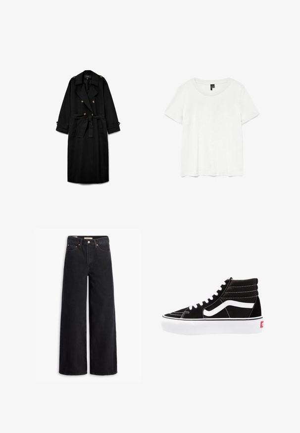 Zwarte lange trenchcoat met dubbele rij knopen, brede revers, taille met ceintuur, geknoopte schouderepauletten en geknoopte mouwboorden.; Witte t-shirt met korte mouwen en een ronde hals, gemaakt van lichte stof. Eenvoudig ontwerp, gladde textuur en rechte zoom.; Zwarte brede jeans gemaakt van denim, met vijf zakken, koperen klinknagels en een klassieke knoopsluiting. Glad van textuur met een strakke uitstraling.; Zwarte high-top sneakers met witte veters, een wit logo en contrasterende witte stiksels. Heeft een dikke witte zool en een bovenwerk van gestructureerd suede.