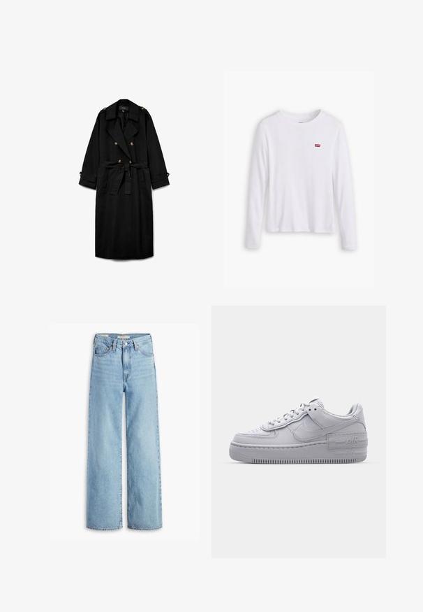 Zwarte lange trenchcoat met dubbele rij knopen, brede revers, taille met ceintuur, geknoopte schouderepauletten en geknoopte mouwboorden.; Witte lange mouwen shirt van zachte katoen. Bevat een klein rood Levi's logo op de linkerborst. Klassiek ronde hals ontwerp.; Lichtblauwe, hoge taille, wijde jeans met een voorste knoop en ritssluiting, riemlussen en vijf zakken.; Grijze Nike Air Force 1 sneaker met geperforeerde neus, glad leren bovenwerk, dikke zool en verhoogde 'AIR' details op de hiel.