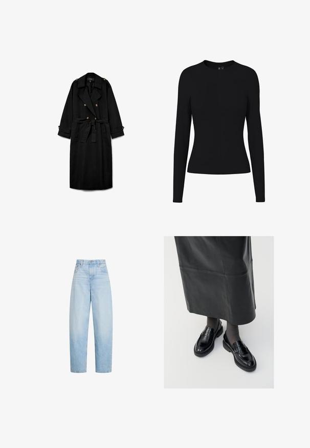 Zwarte lange trenchcoat met dubbele rij knopen, brede revers, taille met ceintuur, geknoopte schouderepauletten en geknoopte mouwboorden.; Zwart, aansluitend dameshemd met lange mouwen en ronde hals, gladde stof zonder zichtbare patronen of versieringen.; Lichtblauwe, hooggetailleerde, rechte jeans met voorzakken, riemlussen en knoopsluiting.; Zwarte leren loafers met een gladde afwerking, voorzien van een decoratieve band, ronde neus en gestructureerde zool. Draagt met een lange zwarte leren rok.