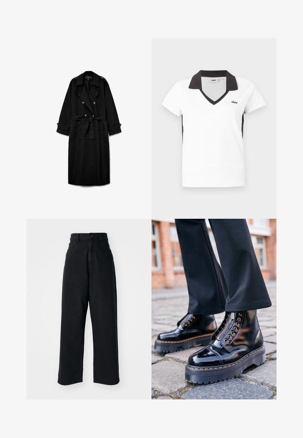 Sort lang trenchcoat med dobbeltradede knapper, brede slag, bælte i taljen, knappede skulderklapper og knappede ærmekanter.; Hvid kortærmet poloshirt med sort krave, sort V-udskæring, sorte sidelommer og lille "obey" logo på venstre bryst.; Sorte højtaljede vid ben jeans med frontlommer og knaplukning, præsenteret mod en plain hvid baggrund.; Sorte lakerede ankelstøvler med en tyk gummisål, sidelukning med lynlås, guldfarvede øjer og kontrastfarvet gult syning.