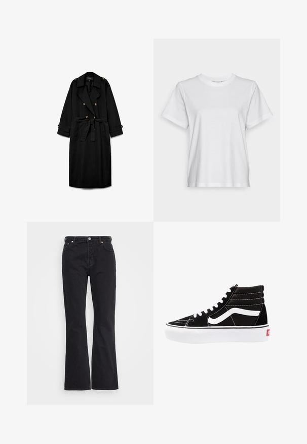 Abrigo largo negro tipo gabardina con botones de doble fila, solapas anchas, cintura ceñida con cinturón, charreteras con botones en los hombros y puños abotonados.; Camiseta de algodón blanca con mangas cortas, cuello redondo y un ajuste relajado. Textura suave, sin estampados ni gráficos, diseño básico.; Weekday PIN - Vaqueros rectos - black; Zapatillas altas negras con cordones blancos, un logo blanco y costuras en blanco que contrastan. Presentan una suela blanca gruesa y una parte superior de ante texturizado.