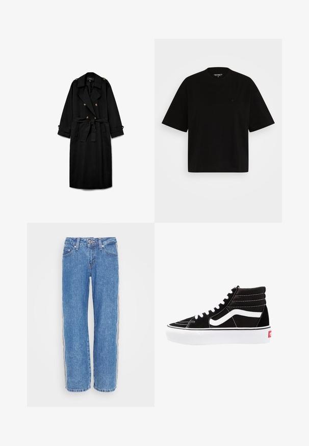 Trench-coat long noir avec boutons croisés, larges revers, taille ceinturée, épaulettes boutonnées et poignets de manches boutonnés.; T-shirt en coton noir avec une coupe décontractée, manches courtes, col rond, et un petit logo sur la poitrine gauche.; Jean en denim bleu avec une coupe droite, présentant des rayures verticales noires et blanches sur les côtés et une fermeture à bouton à la taille.; Baskets montantes noires avec des lacets blancs, un logo blanc et des coutures blanches contrastées. Dotées d'une épaisse semelle blanche et d'un dessus en daim texturé.