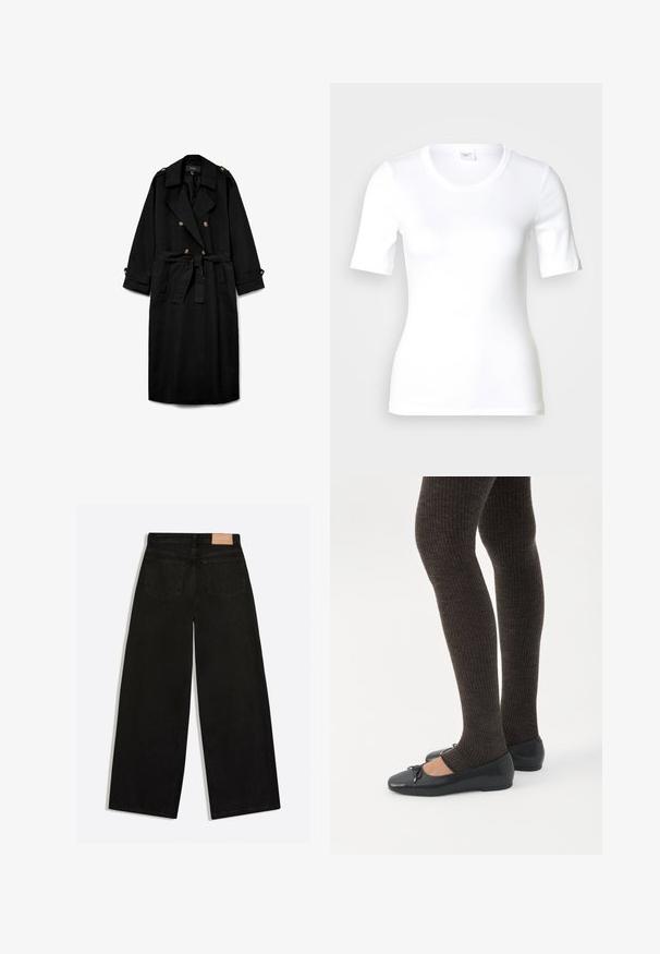 Sort lang trenchcoat med dobbeltradede knapper, brede slag, bælte i taljen, knappede skulderklapper og knappede ærmekanter.; Hvid T-shirt med korte ærmer lavet af glat bomuld, med rund halsudskæring og en tætsiddende pasform. Klassisk design uden mønstre eller detaljer.; Sorte vidde jeans set bagfra med to baglommer og en brun lædermærke på linningen.; Ben iført mørke ribbede leggings kombineret med sorte balletsko med små sløjfedetaljer på hvid baggrund.