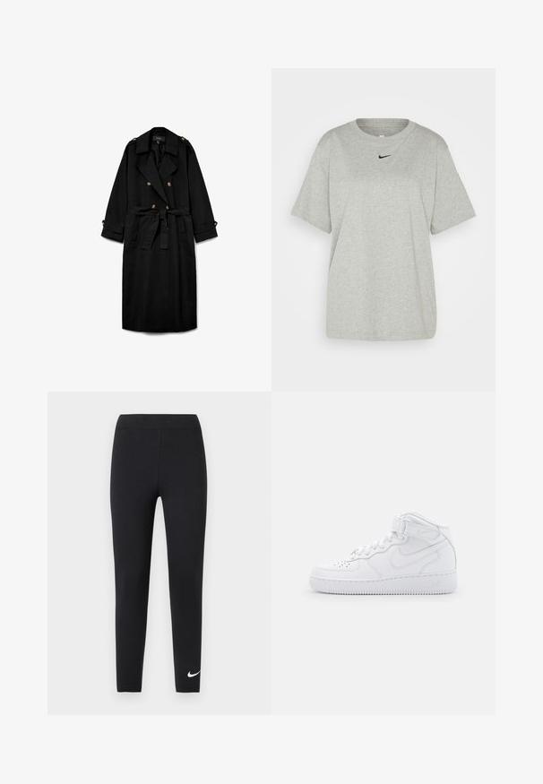 Zwarte lange trenchcoat met dubbele rij knopen, brede revers, taille met ceintuur, geknoopte schouderepauletten en geknoopte mouwboorden.; Grijze katoenen T-shirt met een ronde hals en korte mouwen. Heeft een klein zwart Nike-logo op de borst. Eenvoudig, ontspannen pasvorm ontwerp.; Zwarte aansluitende legging met hoge taille en klein wit Nike Swoosh-logo nabij de linker enkel op effen achtergrond.; Witte hoge sneakers van leer met een gevoerde kraag, geperforeerde neus, veters en een verstelbare enkelband; logo op de zijkant.