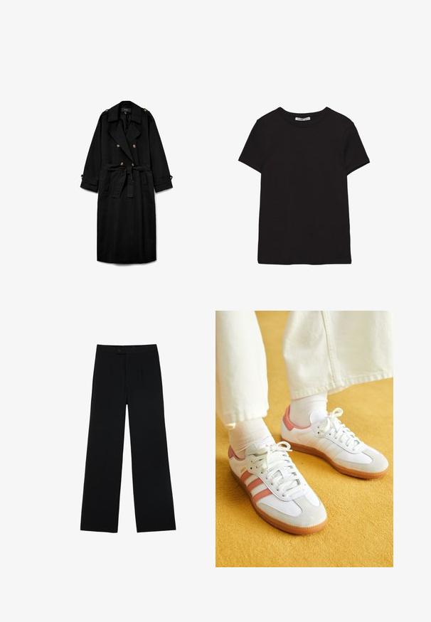 Zwarte lange trenchcoat met dubbele rij knopen, brede revers, taille met ceintuur, geknoopte schouderepauletten en geknoopte mouwboorden.; Zwart katoenen T-shirt met korte mouwen, ronde hals, standaard pasvorm en zichtbaar binnenlabel in de nek.; Zwarte wijde broek van gladde stof, met een ritssluiting aan de voorkant en twee plooien voor extra detail. Over het geheel een nauwkeurige pasvorm.; Witte sportschoenen met roze accenten, gemaakt van suede en leer, met een ronde neus en een rubberen zool, weergegeven met lichtgekleurde sokken op een gele achtergrond.