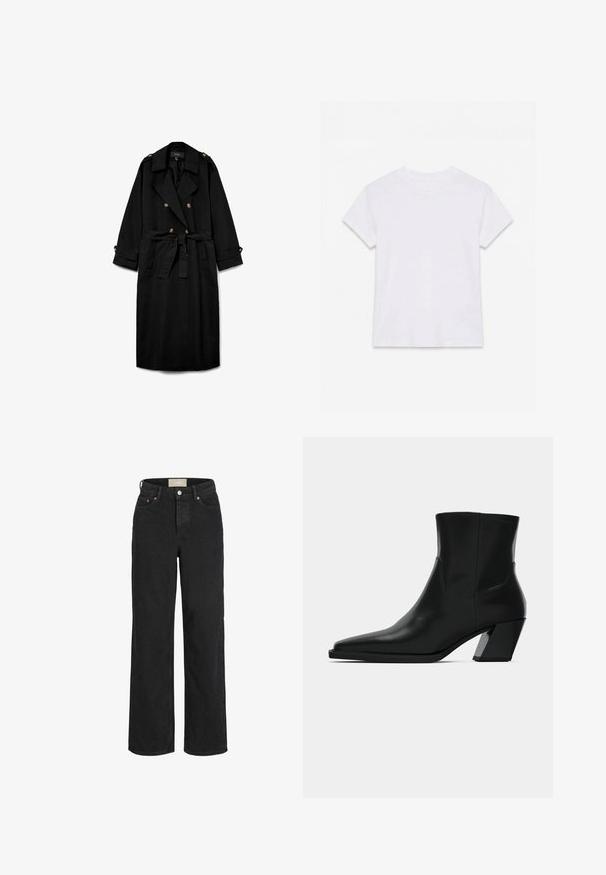 Zwarte lange trenchcoat met dubbele rij knopen, brede revers, taille met ceintuur, geknoopte schouderepauletten en geknoopte mouwboorden.; Effen wit katoenen T-shirt met korte mouwen en ronde hals, plat gelegd op een witte achtergrond.; Zwarte jeans met hoge taille en rechte pijpen, met voorste knoop en rits, riemlussen en een ontwerp met vijf zakken.; Zwarte leren enkelboot met een spitse neus, een slanke silhoeet en een chunky vierkante hak. Gladde textuur met minimale stikdetails.