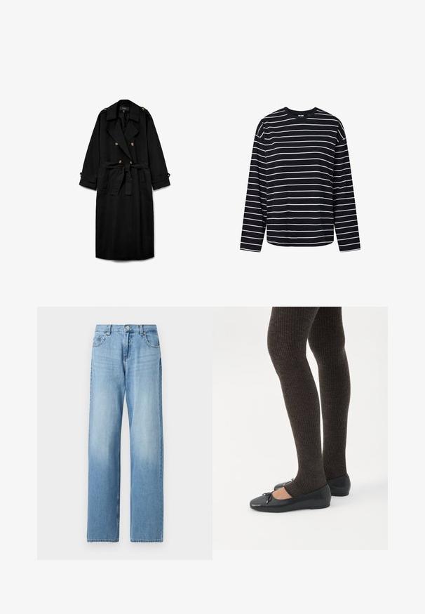 Must pikk trench mantel kahe-ridadega nööpidega, laia kraega, vöödiga vöökohal, nööpidega õlaepaulettide ja nööpidega varrukakraatidega.; Must valge horisontaalsete triipudega pika varrukaga särk, ümmarguse kaelusega ja tavalise lõikega.; Helehallid sirgelõikelised teksad, millel on ees nööbi- ja tõmblukk, vööaugud ning esimesed ja tagumised taskud.; Jalad seljas tumedad soonelises soonelises kombines mustade baleriinadega, millel on väikesed paelade detailid valgel taustal.
