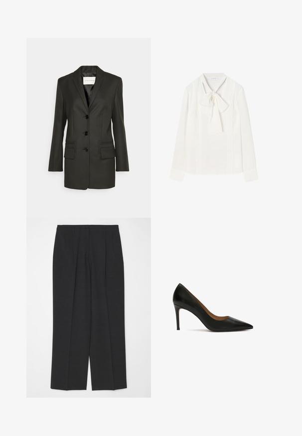 Sort skræddersyet blazer med en enkel række knapper, skarpe revers, to frontlommer og subtile syningsdetaljer på lommerne. Glat tekstur.; Hvid langærmet bluse med en sløjfe ved halsen, vertikale plisseringer og en let, glat stofstruktur.; Mørkegrå skræddersyede bukser med lige ben, der har en enkelt knaplukning og to for-pliéer, glat tekstur og ingen pynt.; Sort læder højhælede pumps med spids tå, slankt design og glat overflade. Hælen er tynd og forlænget.