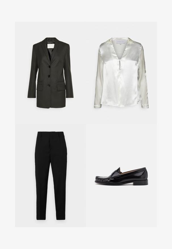 Sort skræddersyet blazer med en enkel række knapper, skarpe revers, to frontlommer og subtile syningsdetaljer på lommerne. Glat tekstur.; STUDIO ID ALYSSA - Bluse - champagne; Sorte bukser med en skræddersyet pasform, der har sidelommer, en glat tekstur og et strømlinet design, der bliver smalere mod anklerne.; Sorte læder moccasin sko med en skinnende finish, der har frynsedetaljer langs fronten og en lav stabelhælk.