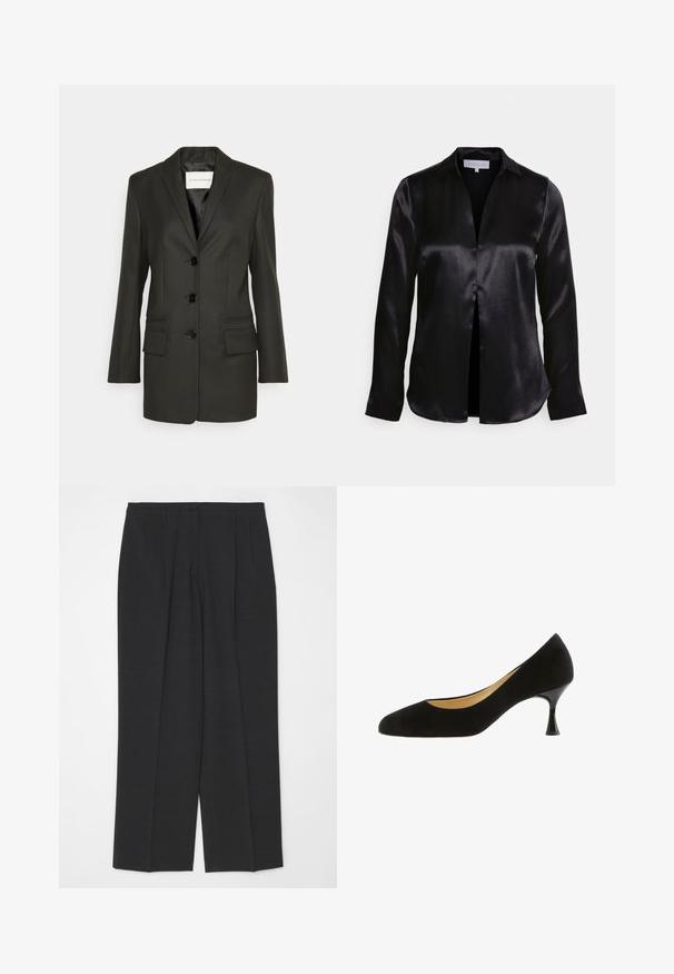Sort skræddersyet blazer med en enkel række knapper, skarpe revers, to frontlommer og subtile syningsdetaljer på lommerne. Glat tekstur.; STUDIO ID ALYSSA - Bluse - black; Mørkegrå skræddersyede bukser med lige ben, der har en enkelt knaplukning og to for-pliéer, glat tekstur og ingen pynt.; Sort ruskindspumpe med spids tå, lav stiletthæl og en glat tekstur. Simpelt design uden synlige mønstre eller detaljer.