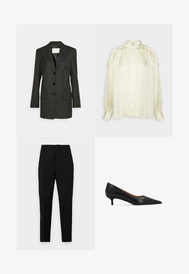 Sort skræddersyet blazer med en enkel række knapper, skarpe revers, to frontlommer og subtile syningsdetaljer på lommerne. Glat tekstur.; DAY Birger et Mikkelsen COURTNEY MODERN DRAPE - Skjortebluser - cloud cream; Sorte bukser med en skræddersyet pasform, der har sidelommer, en glat tekstur og et strømlinet design, der bliver smalere mod anklerne.; Sorte læderpumps med spids tå, glat tekstur og lav hæl. Enkelt design uden pynt.