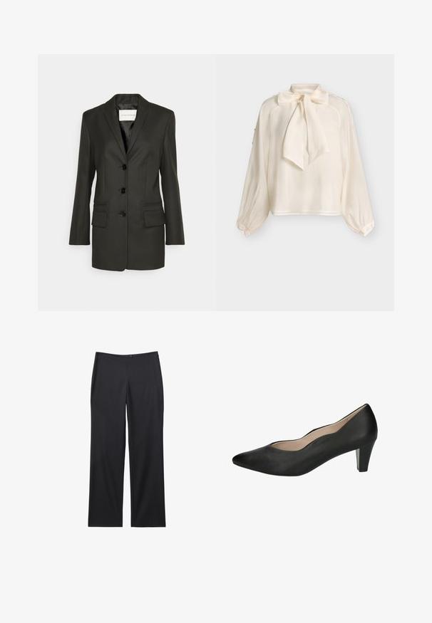 Sort skræddersyet blazer med en enkel række knapper, skarpe revers, to frontlommer og subtile syningsdetaljer på lommerne. Glat tekstur.; Langærmet cremefarvet bluse med stor sløjfe om halsen og manchetter med knapper, vist mod en ensfarvet lys baggrund.; Sorte bukser med lige ben, normal talje og uden synlige lommer eller pynt, vist fladt på en hvid baggrund.; Caprice Pumps - black nappa