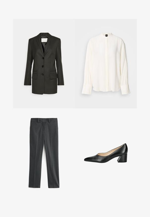 Sort skræddersyet blazer med en enkel række knapper, skarpe revers, to frontlommer og subtile syningsdetaljer på lommerne. Glat tekstur.; Langærmet, cremefarvet bluse lavet af glat stof; mandarin-krave, forflap, knappede ærmekanter og en afslappet pasform.; Grå dressbukser lavet af tekstureret stof. Har et fladt frontdesign, bæltestropper og tilspidsede ben, med en ren finish og uden synlige mønstre.; Högl Pumps - schwarz