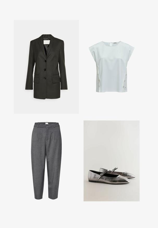 Sort skræddersyet blazer med en enkel række knapper, skarpe revers, to frontlommer og subtile syningsdetaljer på lommerne. Glat tekstur.; Hvid ærmeløs bluse med knapdetaljer i siden og en lille rygåbning med lukning, mærket Salsa Jeans.; Grå, tapered bukser lavet af struktureret stof; har folder og en glat talje med en skjult lukning.; Sølvmetallic ballerina flats med spidse tær og et bånd over vristen, med en lille spænde detalje og flad sål.